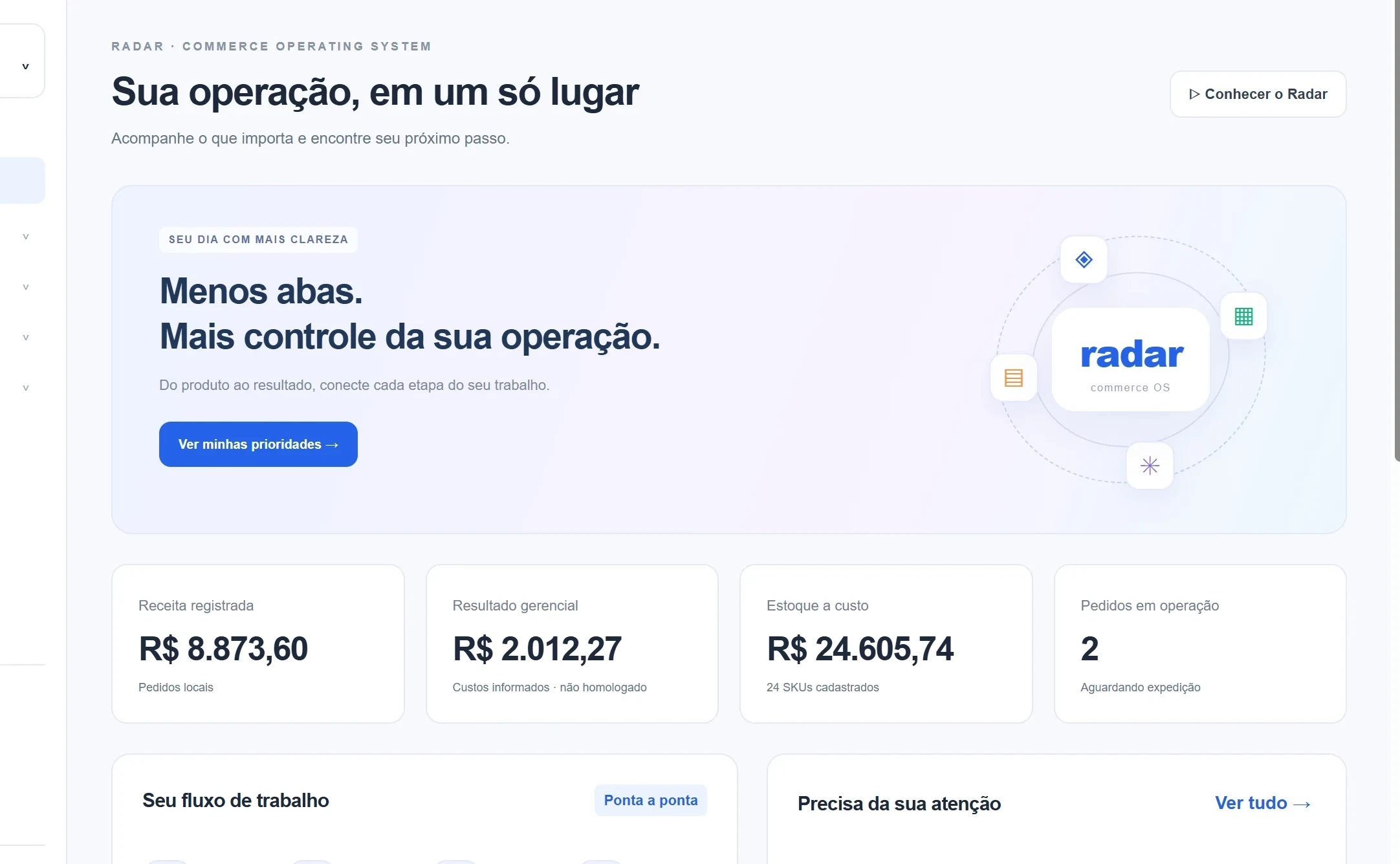 Real Radar screen with recorded revenue, operating result, inventory at cost, and orders in progress