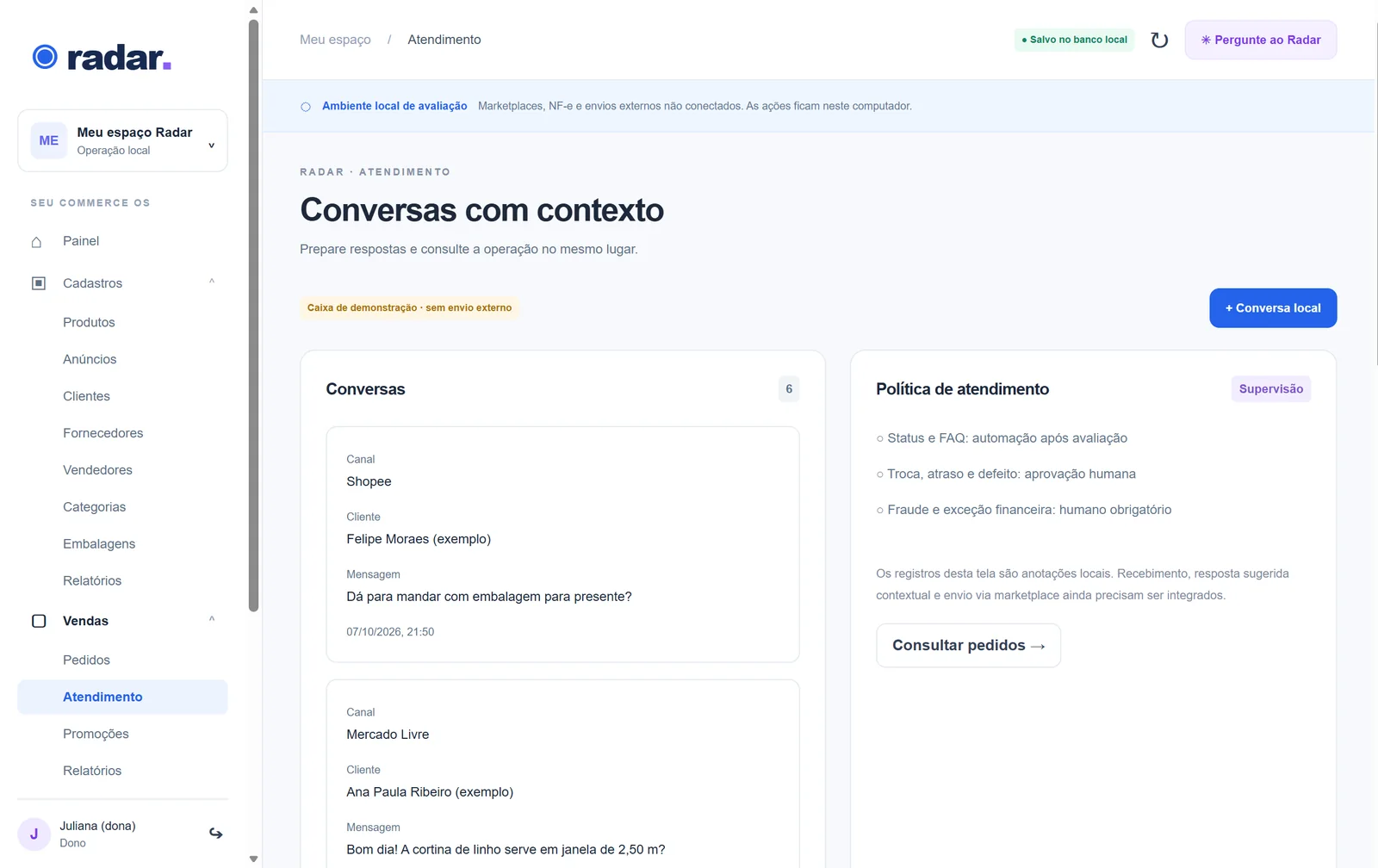 Radar, test environment: Conversations with context