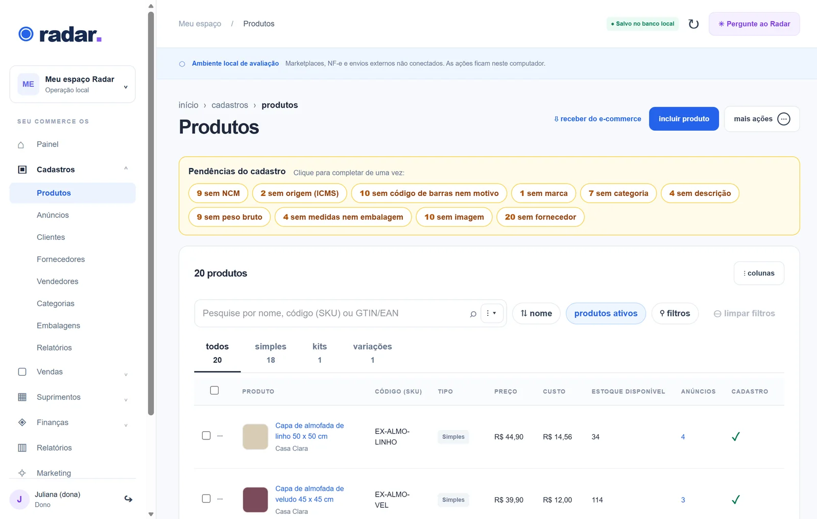 Radar, test environment: Product records that flag what is missing