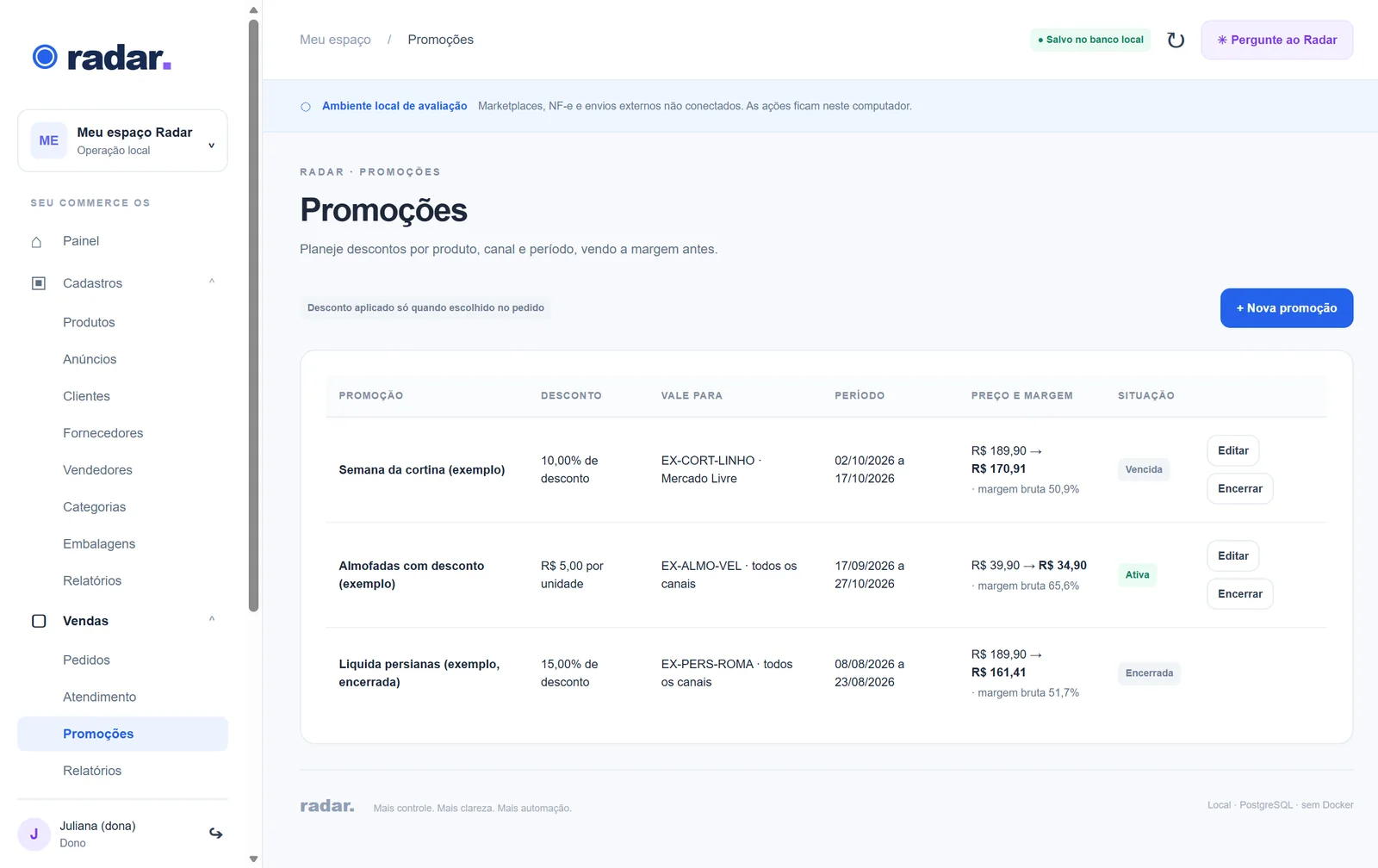 Radar, test environment: Promotions with the margin up front