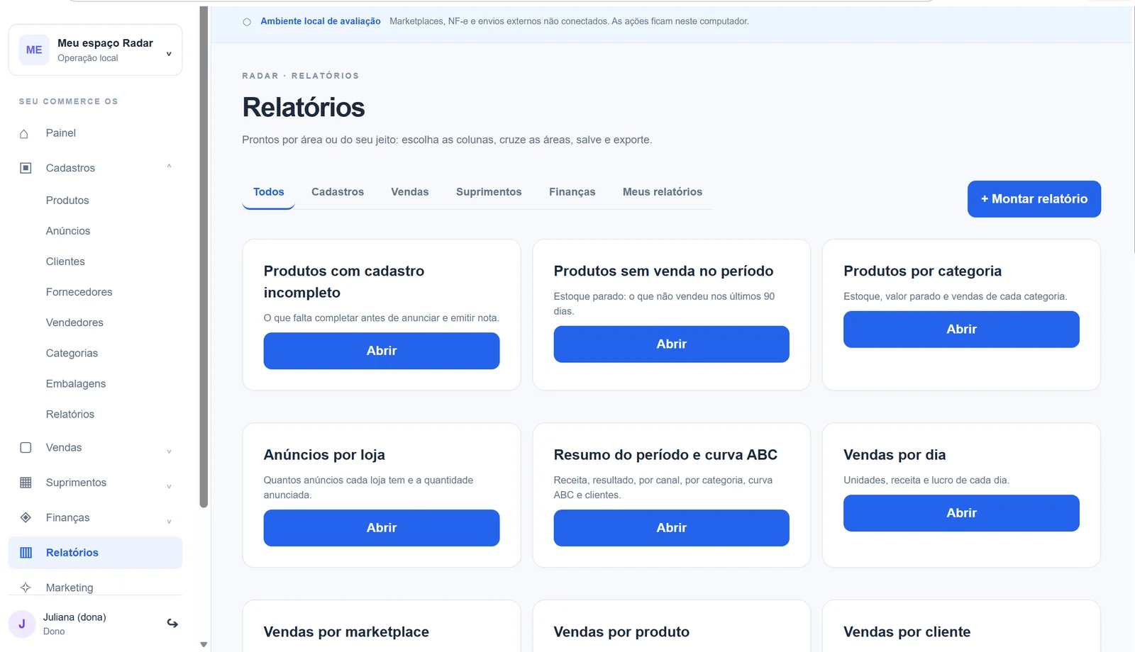 Radar, test environment: Ready-made or custom reports